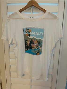 LOFT White Graphic Tee with Blue & Orange Amalfi Print